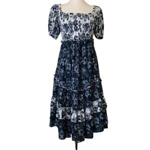 CELINA MOON Navy and White Smocked Midi Floral Dress. Size M.